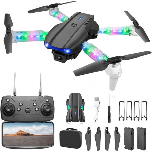 E99 LED Dual Camera Foldable Drone with 2 Batterie...
