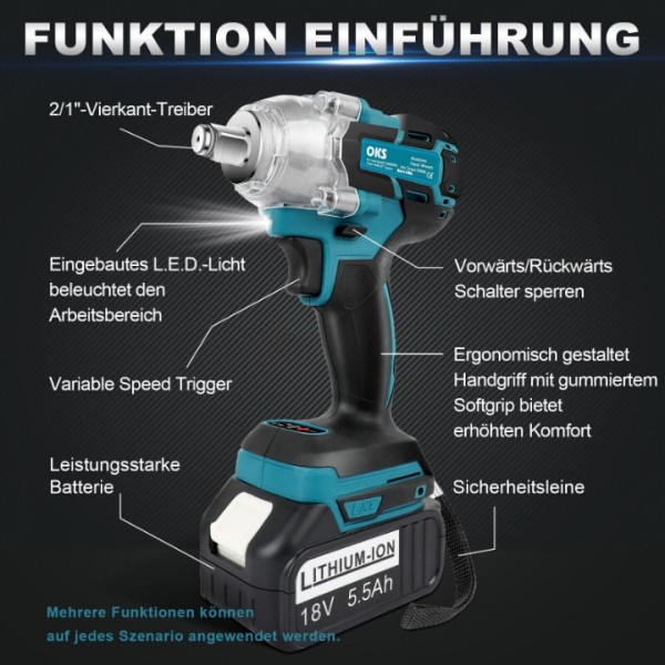21V Cordless Impact Wrench 650N.m High Torque Power Tool