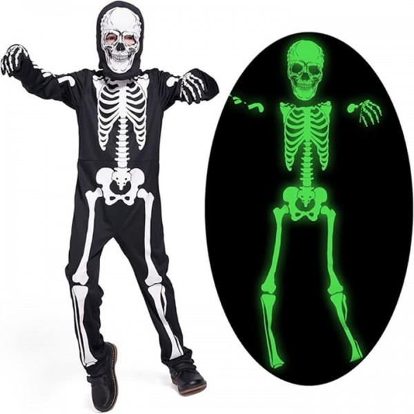 Kids Glow-in-the-Dark Skeleton Costume with Hood a...