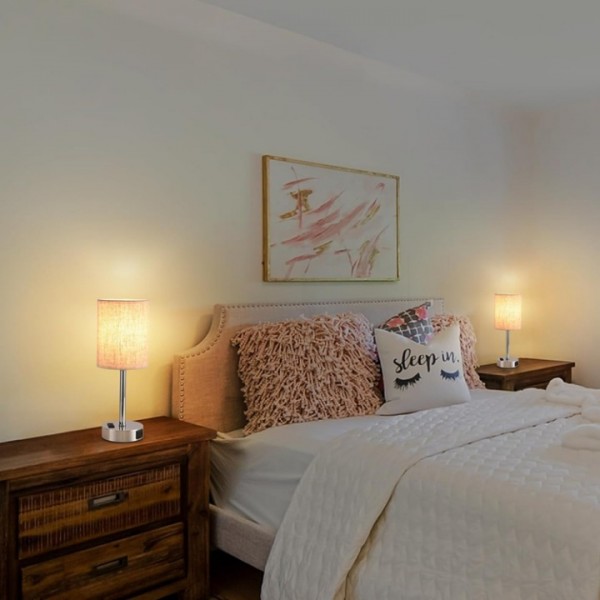 Touch Dimmable Linen Bedside Lamp with USB Charging Ports