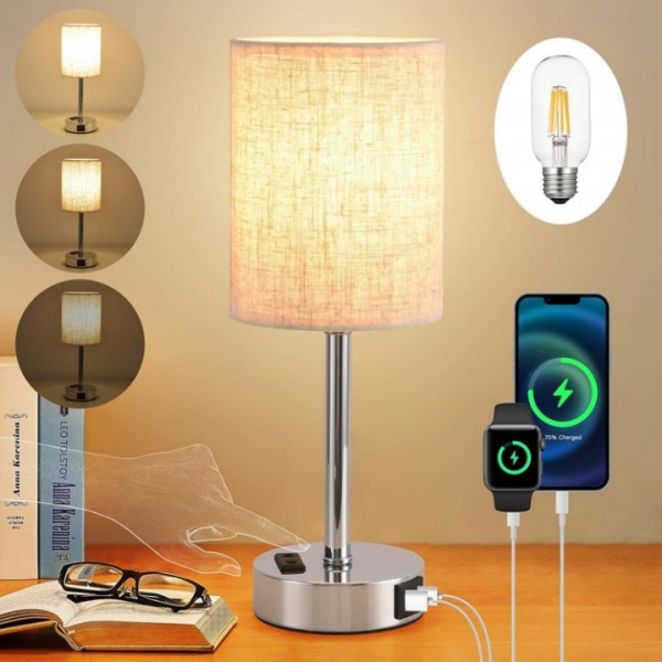 Touch Dimmable Linen Bedside Lamp with USB Charging Ports