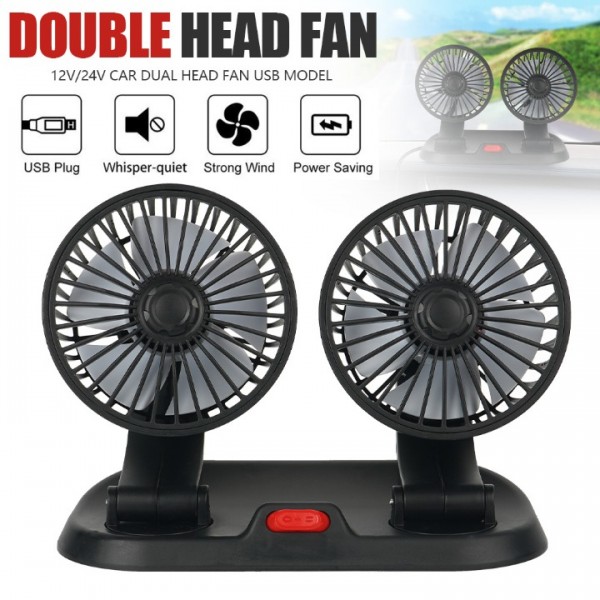 USB Dual Head Car Fan Portable Vehicle Truck 360° Rotatable Auto Cooling Cooler