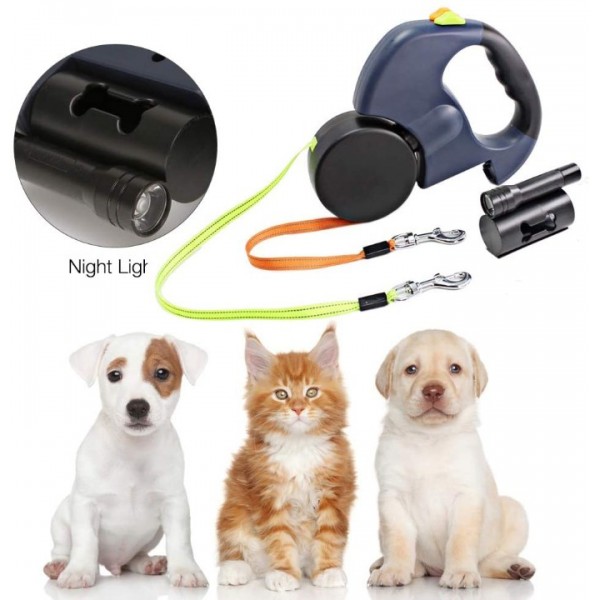 Double Retractable Dog Leash - 3M (10ft) LED Lighted Leash for Two Dogs, Flexible & Tangle-Free with Safety Light