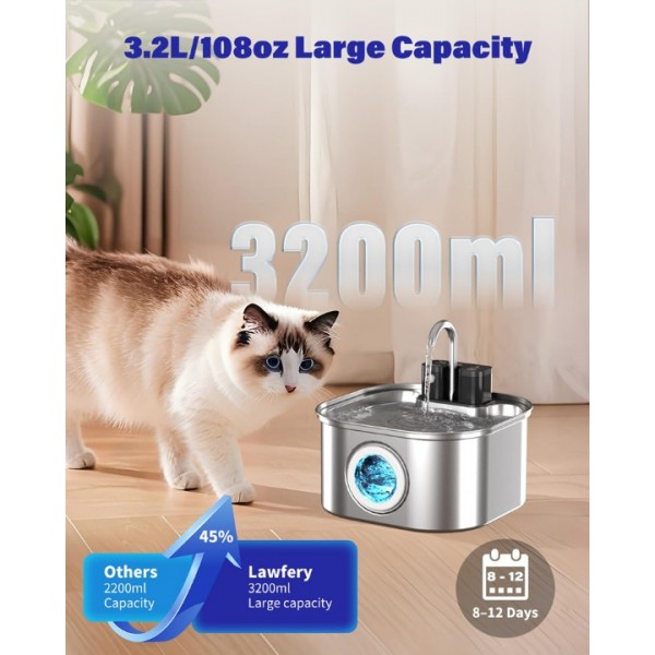 Wireless Stainless Steel Cat Water Fountain with 3.2L Capacity