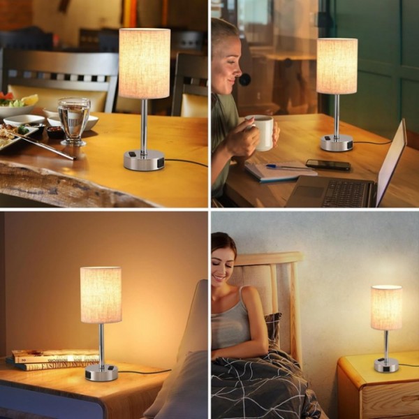 Touch Dimmable Linen Bedside Lamp with USB Charging Ports