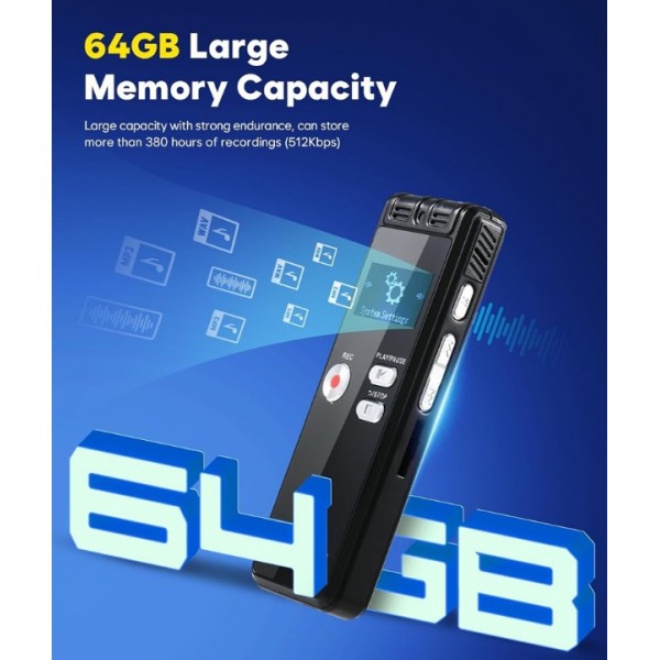 64GB Digital Voice Recorder with Noise Reduction