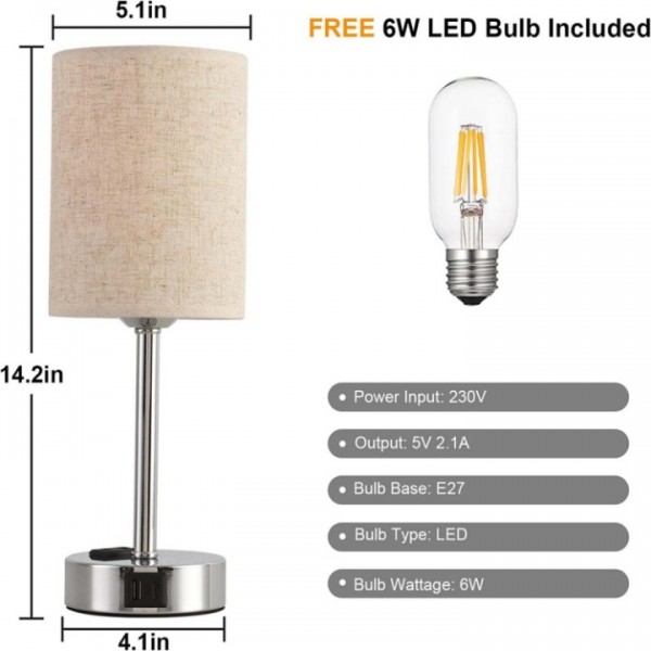 Touch Dimmable Linen Bedside Lamp with USB Charging Ports