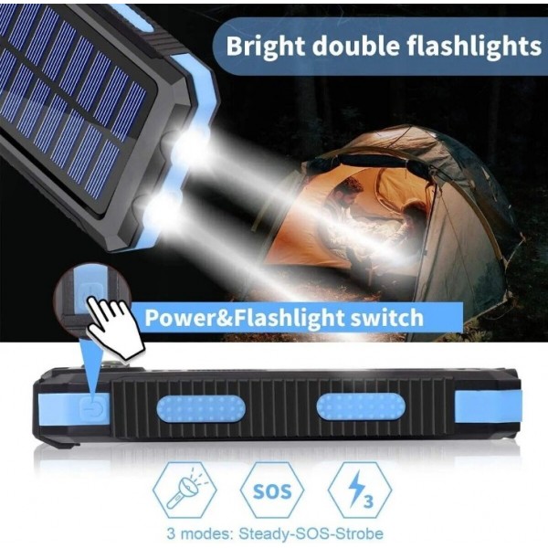 20000mAh Solar Power Bank – Portable Rechargeable Battery Charger with 2 USB Ports & LED Light for Phones