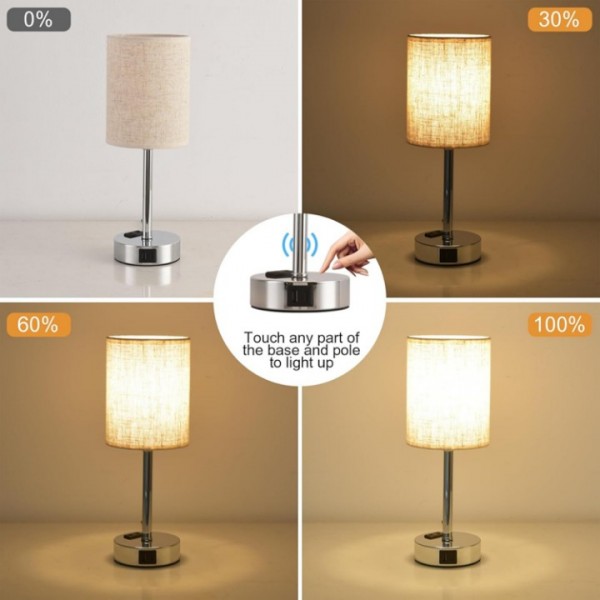 Touch Dimmable Linen Bedside Lamp with USB Charging Ports
