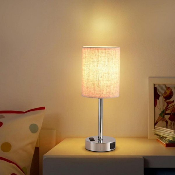 Touch Dimmable Linen Bedside Lamp with USB Charging Ports