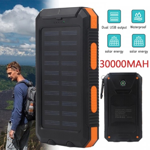 30000mAh Solar Power Bank - Waterproof Portable Charger with Dual USB & LED Light for Outdoor Camping & Emergency